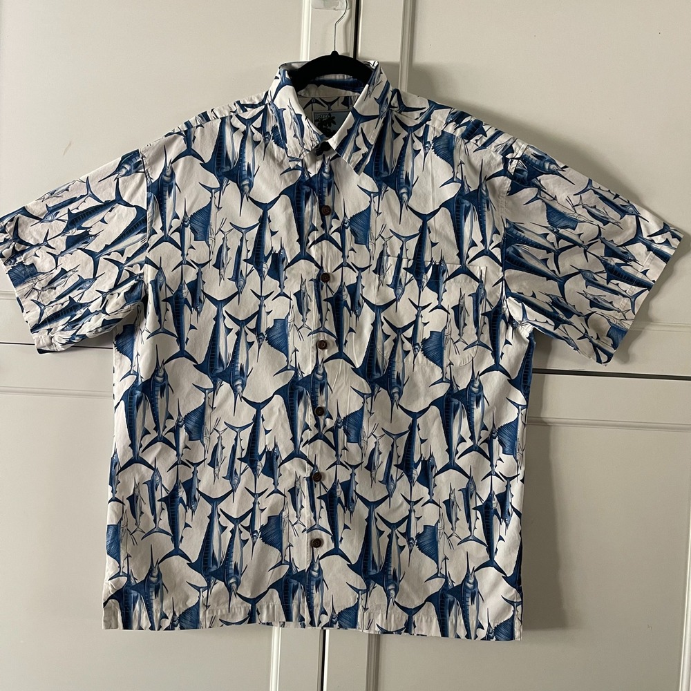 AFTCO Bluewater Mens Marlin Sailfish Fishing Shirt Blue White Short Sleeve XL
